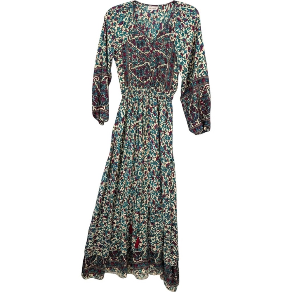 Boemo Anthropology Floral Maxi Dress S Teal Pink Boho Smocked V-Neck Long Sleeve